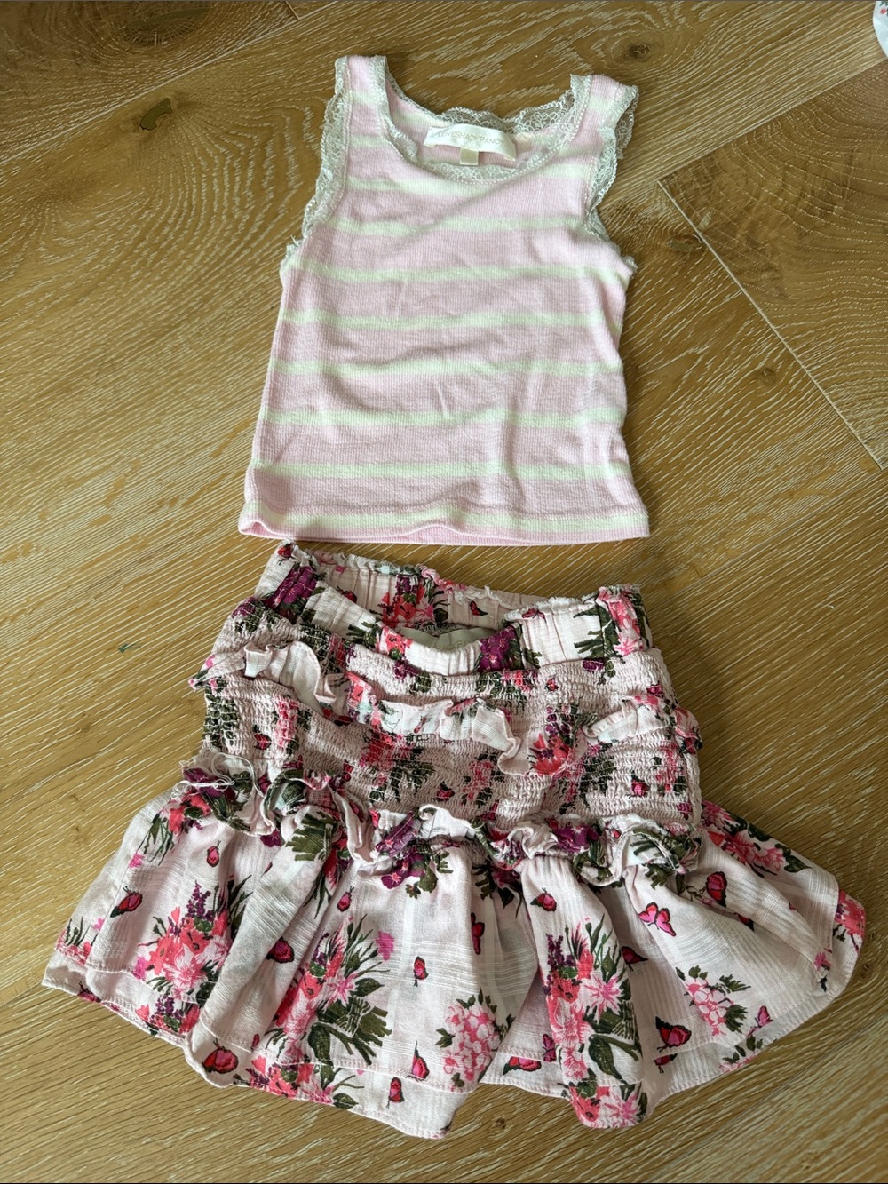 LoveShackFancy Girls Pink Striped Tank Top and Floral Skirt Set